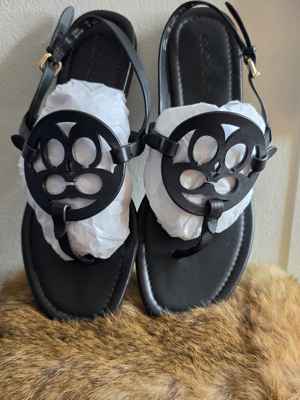 Coach Women's Black Leather Cutout Logo Sandals